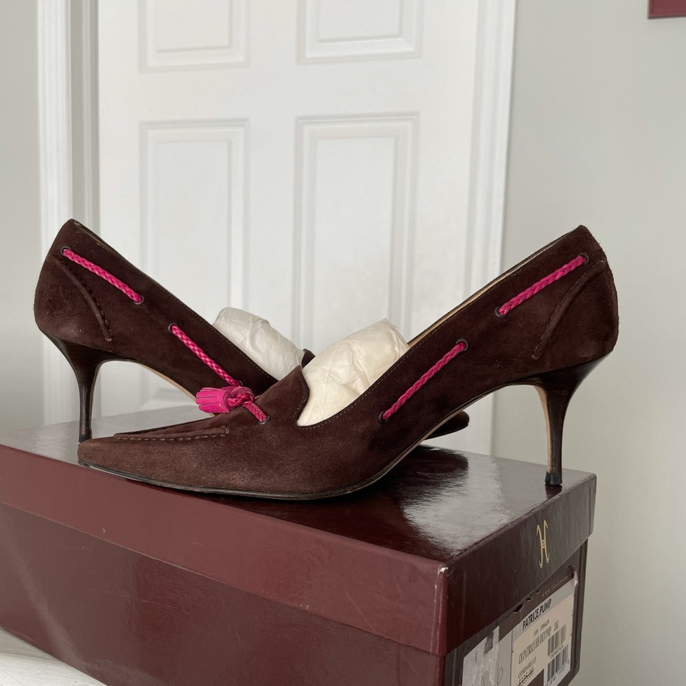 Cole Haan Brown Suede Pink Tassle Pumps - Picture 4 of 9